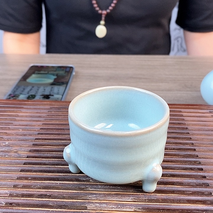 杯天青釉三足杯支钉烧无礼盒