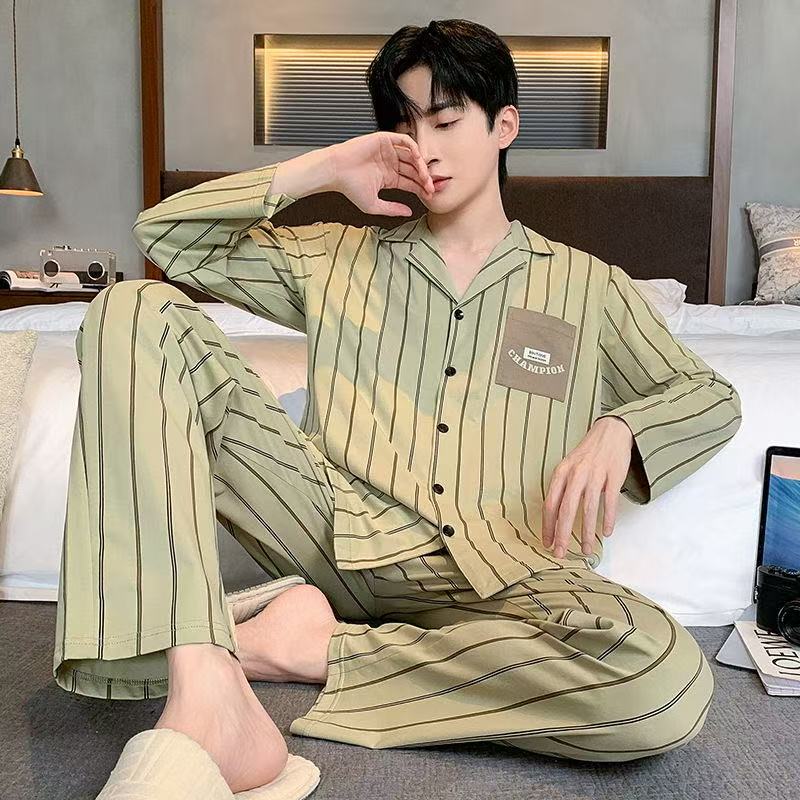 6003高品质新款纯棉开衫睡衣套装家居服睡衣男士