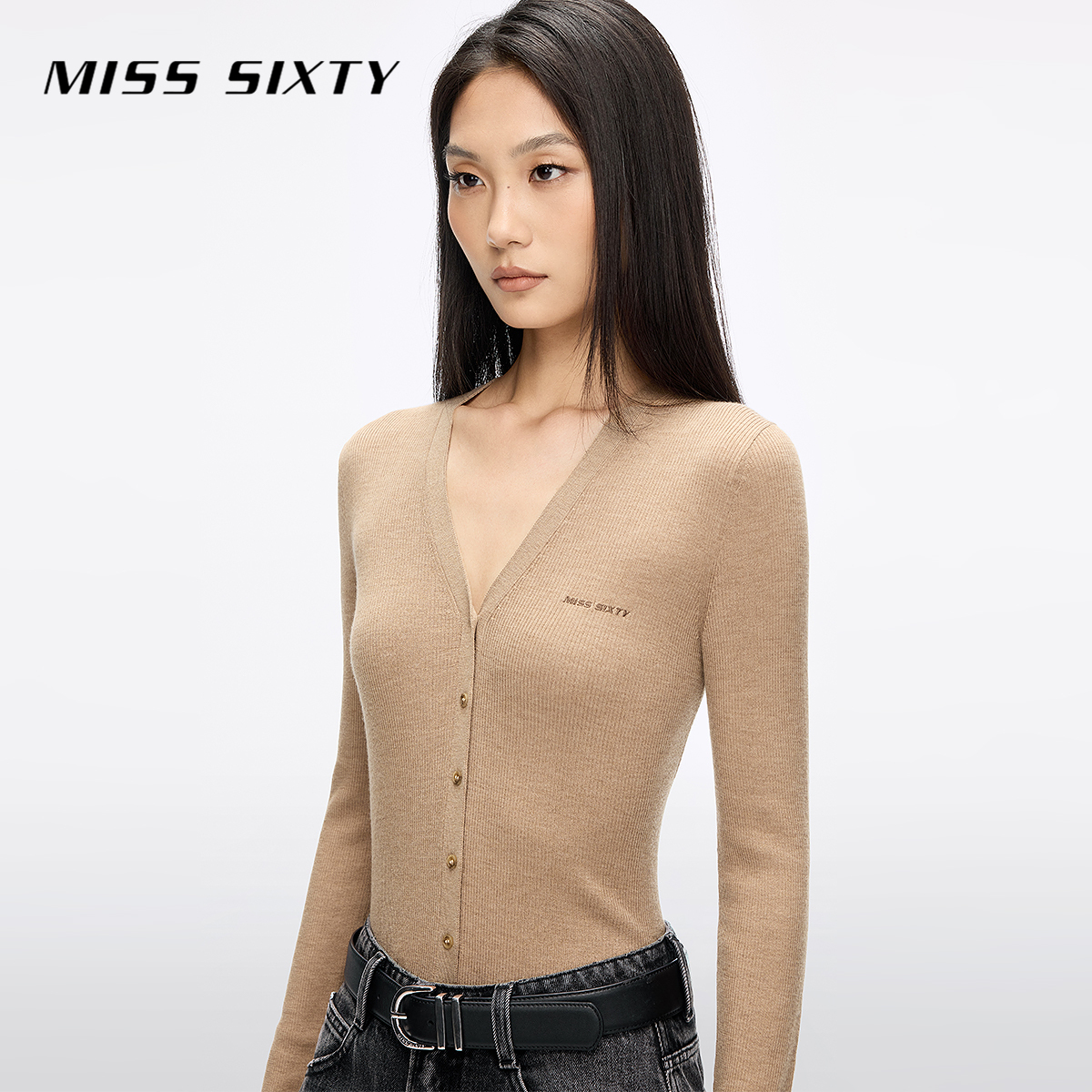 【妙妙专属】Miss Sixty2025秋季新款针织开衫女V领羊毛桑蚕丝混纺
