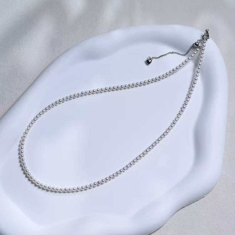 3-4MM特强光圆形冷白极强光淡水珍珠S925银爱心扣小珍珠项链