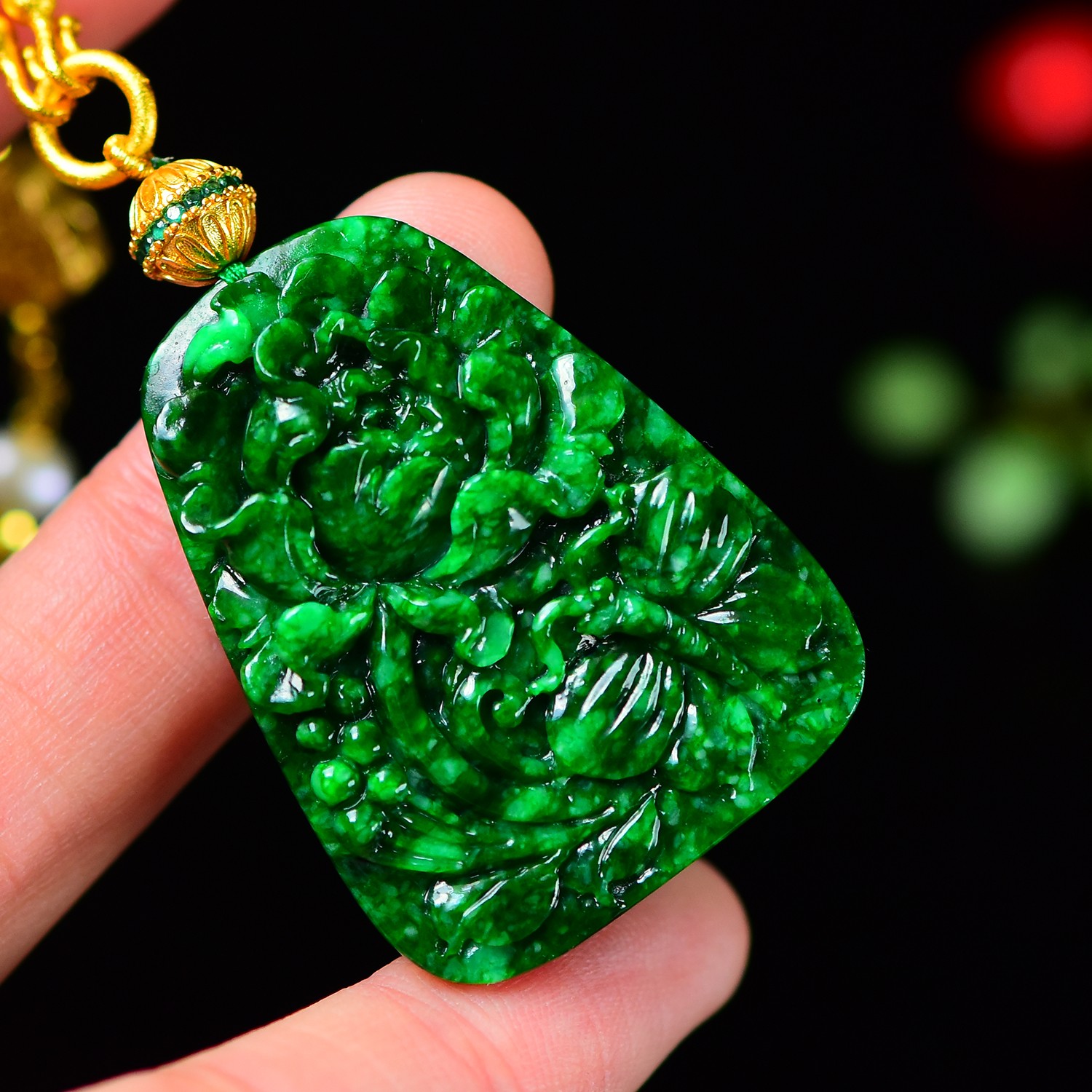 天然A货翡翠满辣绿花青设计款毛衣链