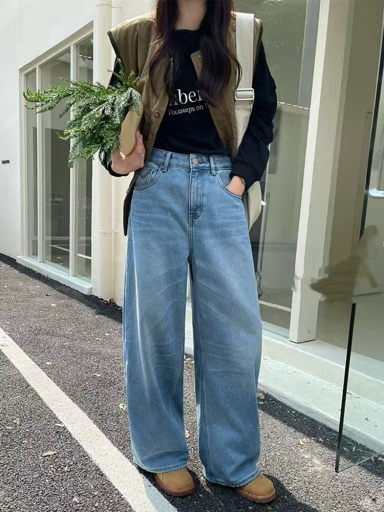 SU【315】代H  愫真  阔腿裤冬新款浅蓝色高腰特绒宽松显瘦弯刀裤