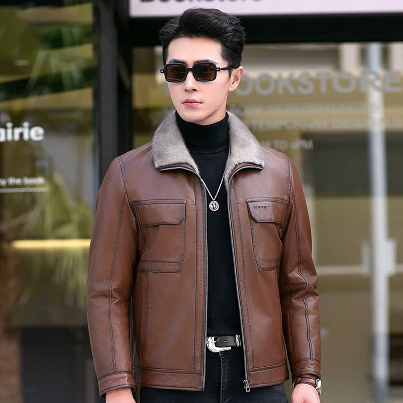 头层山羊皮水貂内胆真皮皮衣时尚休闲皮夹克整貂皮毛内里真皮外套