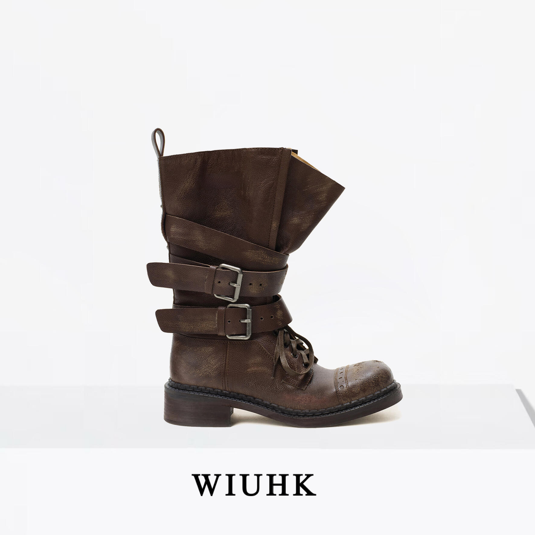 欧洲站2025秋季新款真皮女靴时尚百搭舒适粗跟机车靴扣带马丁靴潮