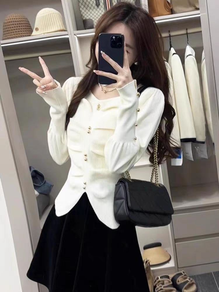 小香风方领褶皱针织衫毛衣女秋冬新款时尚洋气修身内搭打底衫上衣