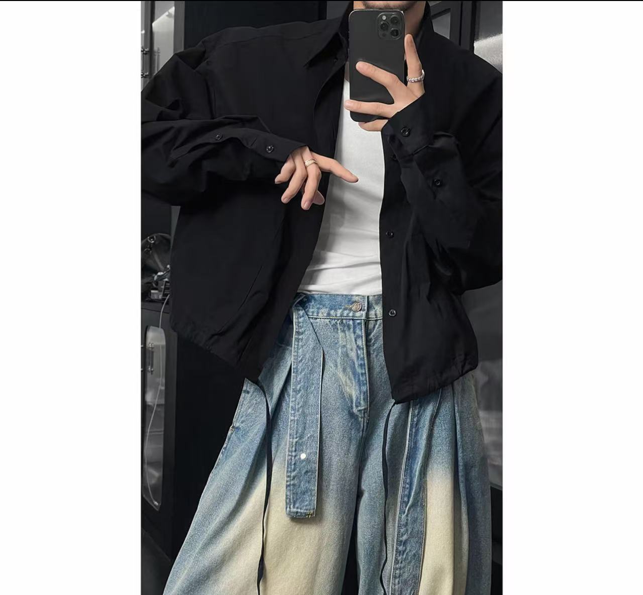 龙刀同款2025早秋短款潮流百搭下摆抽绳休闲小众设计师衬衫短外套