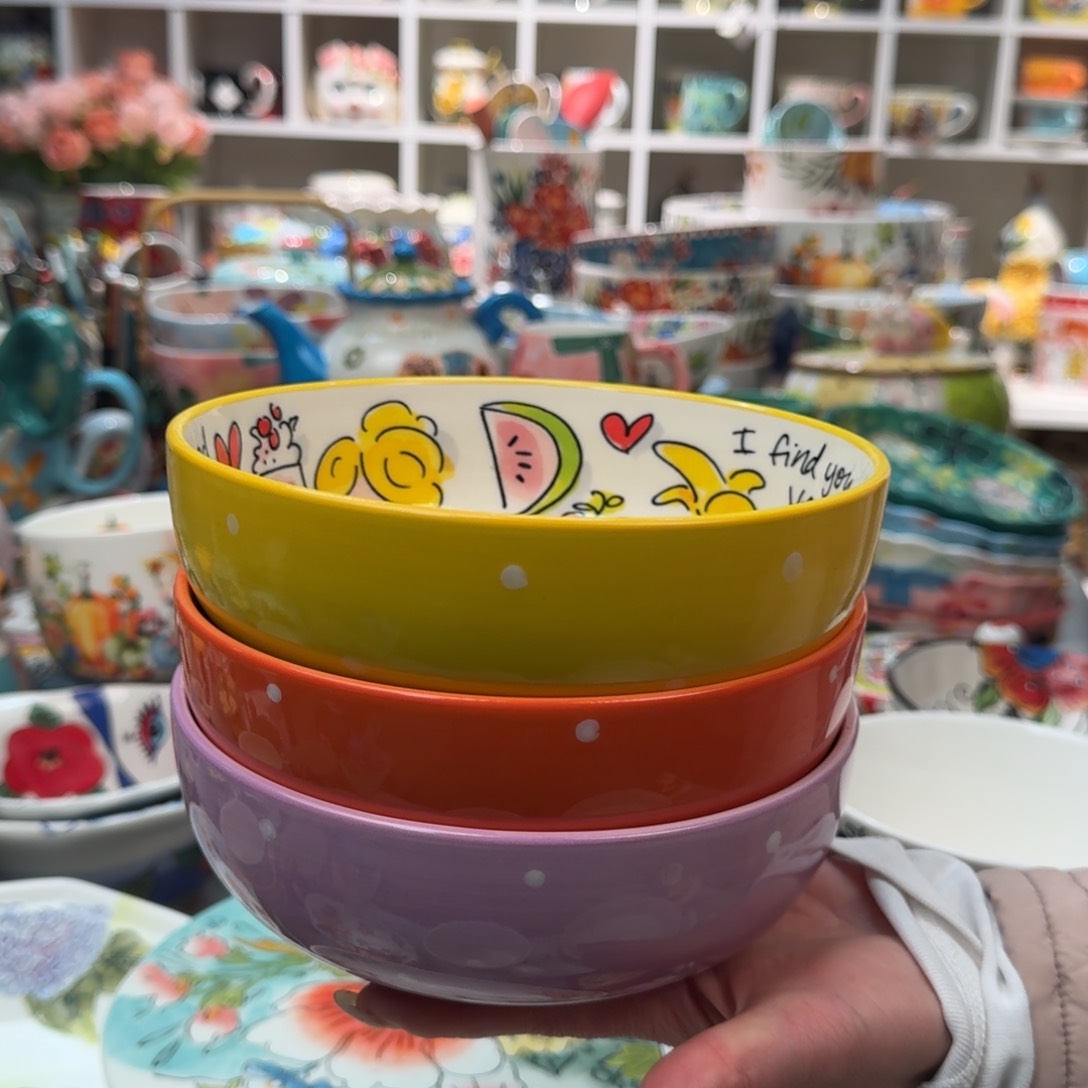 陶瓷6.5英寸波点沙拉碗3只，黄，橘，紫