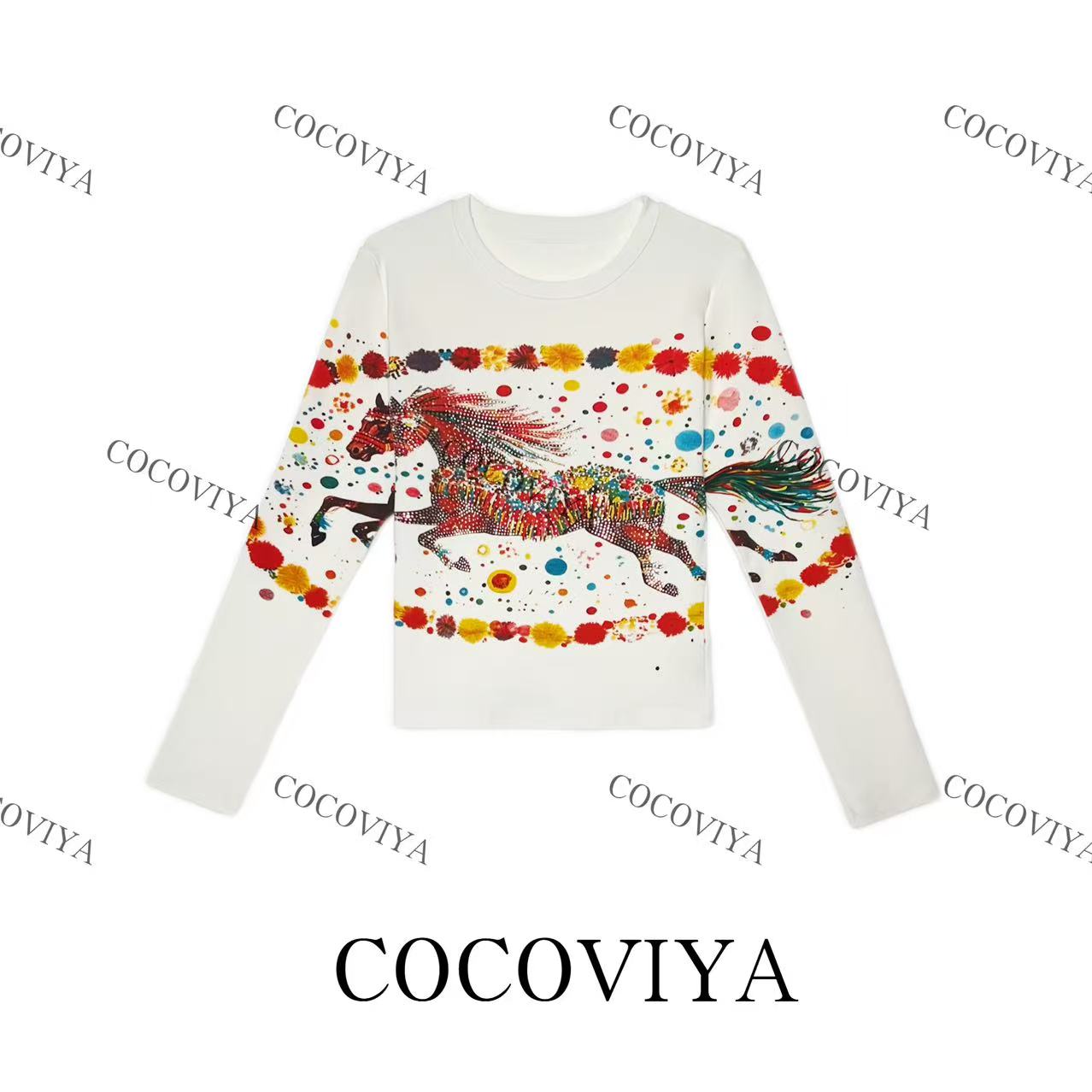 【CC】COCOVIYA骏马奔腾设计款长袖T恤时尚内搭休闲上衣26C-1072
