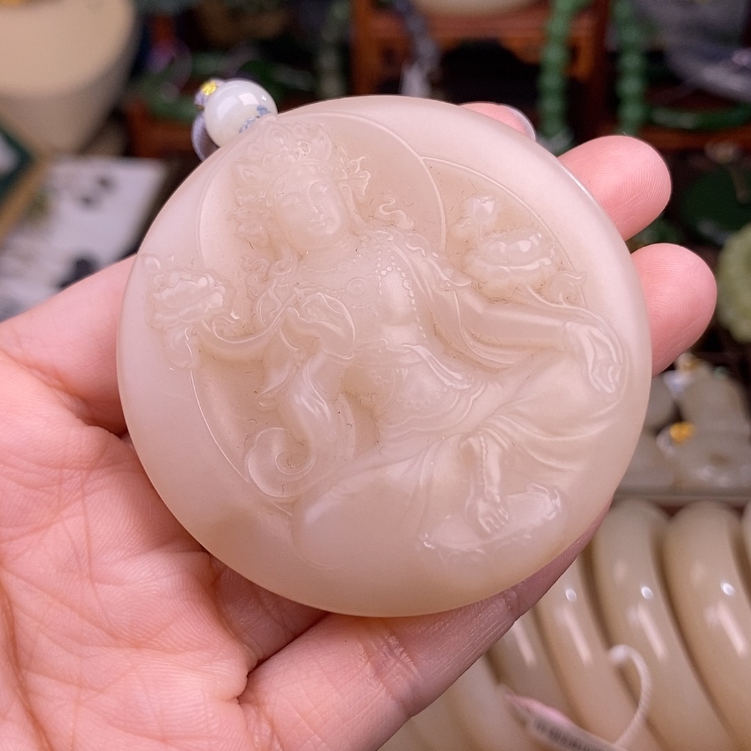 和田玉熟藕粉老料镯芯度母清货价未镶嵌