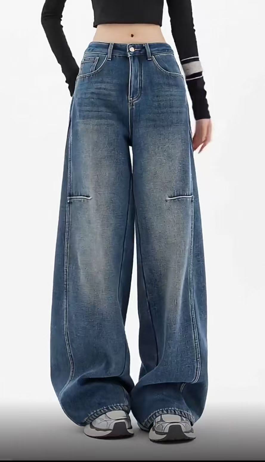 （顶）美式弯刀牛仔裤女秋冬季设计感宽松显瘦拖地阔腿镰刀裤子