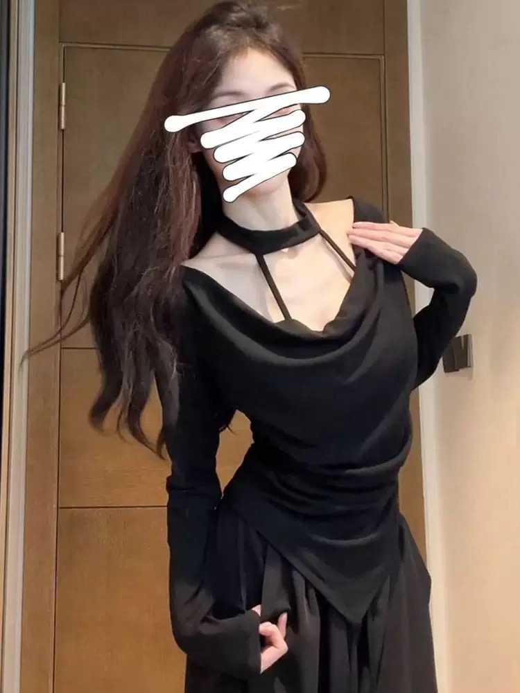 辣妹纯欲法式挂脖荡领短上衣女不规则设计小众锁骨性感打底衫2222