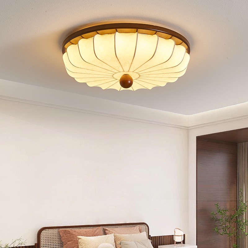 法式复古水转印木纹民宿卧室吸顶灯中古灯圆形布艺书房护眼灯