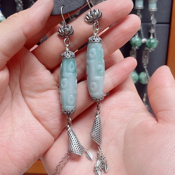 翡翠银S925镀金镶嵌耳饰