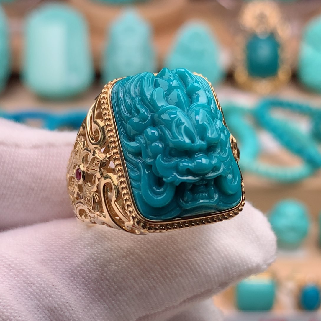 绿松石珠宝奇石18K金镶嵌龙戒