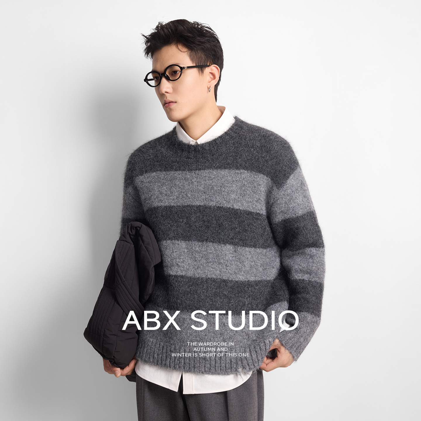 abx 绵羊毛混纺绒感纱线 冬季复古条纹圆领针织衫男套头打底毛衣