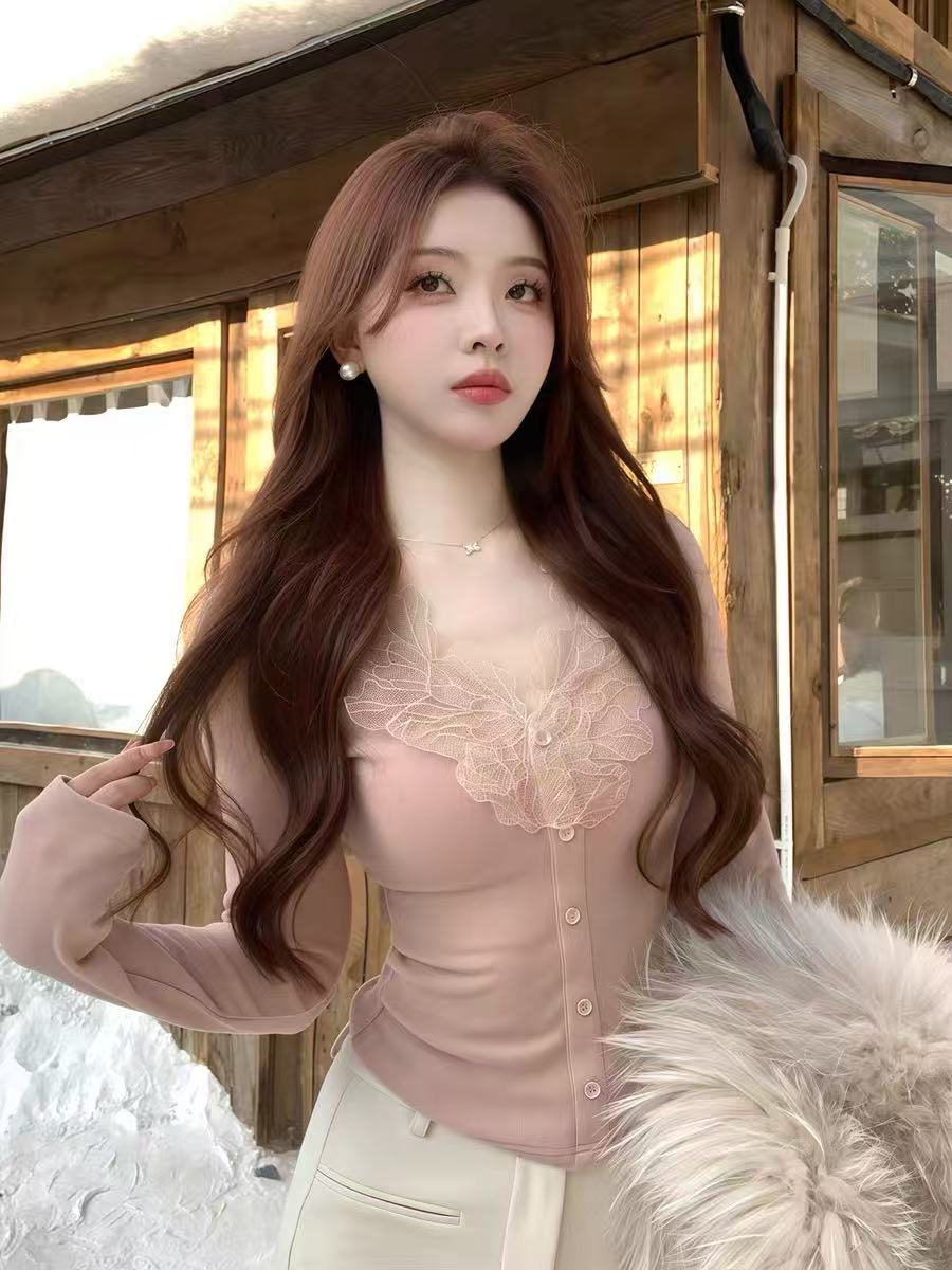 2025秋冬磨毛新款高级感修身蕾丝拼接内搭T恤内搭打底衫1103