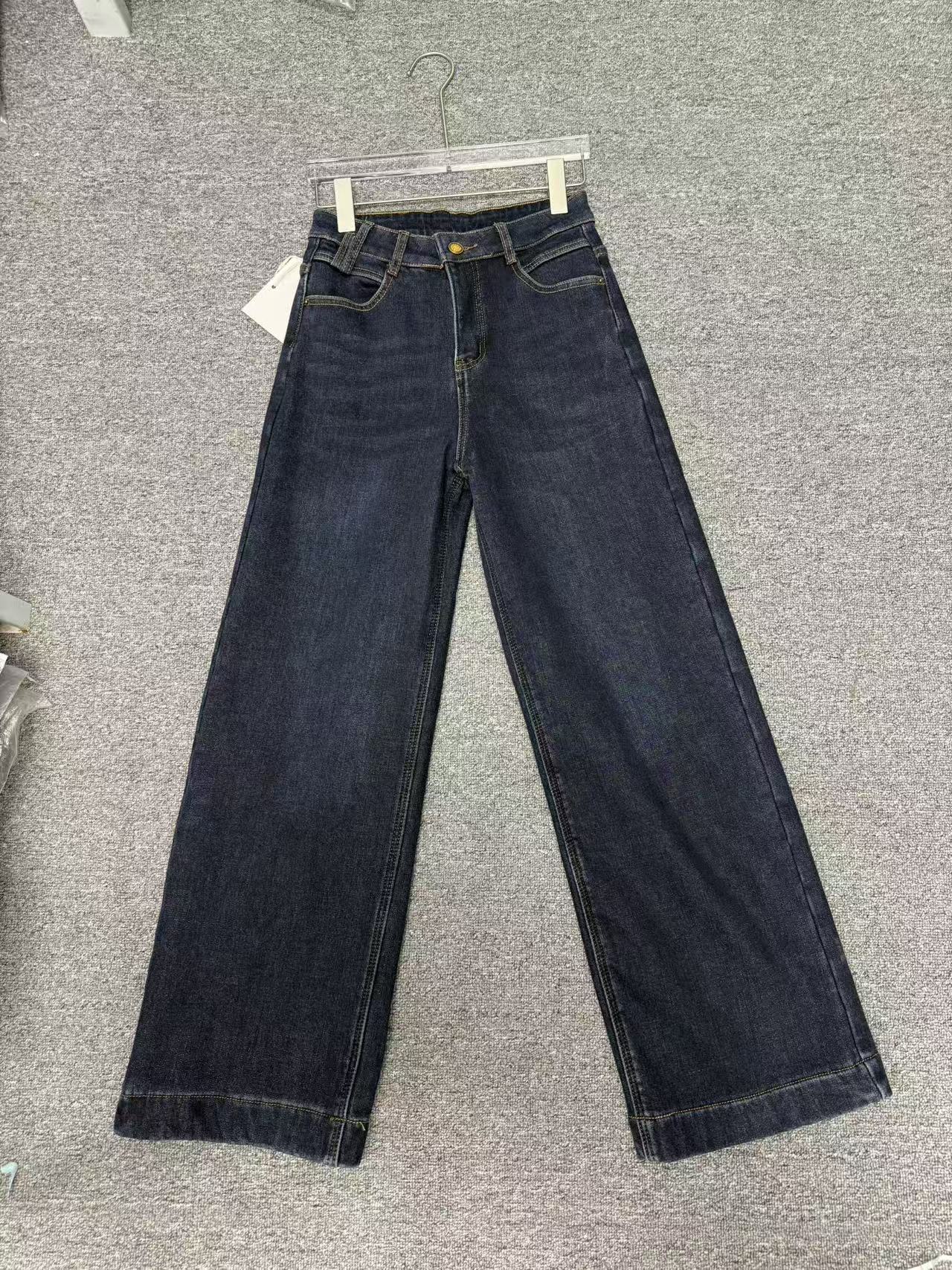 K1092复古蓝加绒加厚四面弹力显瘦直筒阔腿时尚百搭长裤