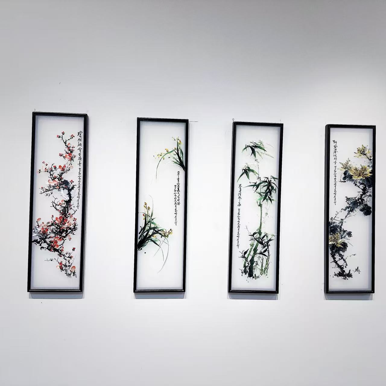 【梅兰竹菊】苏绣装饰画君子四风骨手工刺绣血檀边框32×108cm