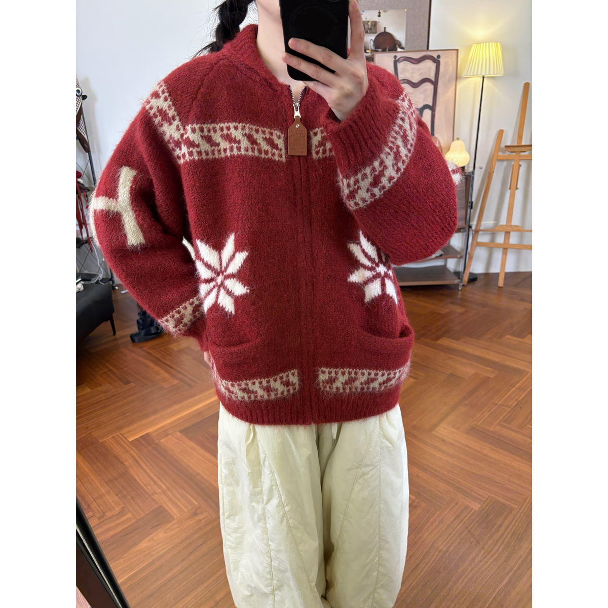 费尔岛圣诞提花加厚拉链毛衣外套女韩版秋冬新款宽松翻领针织开衫