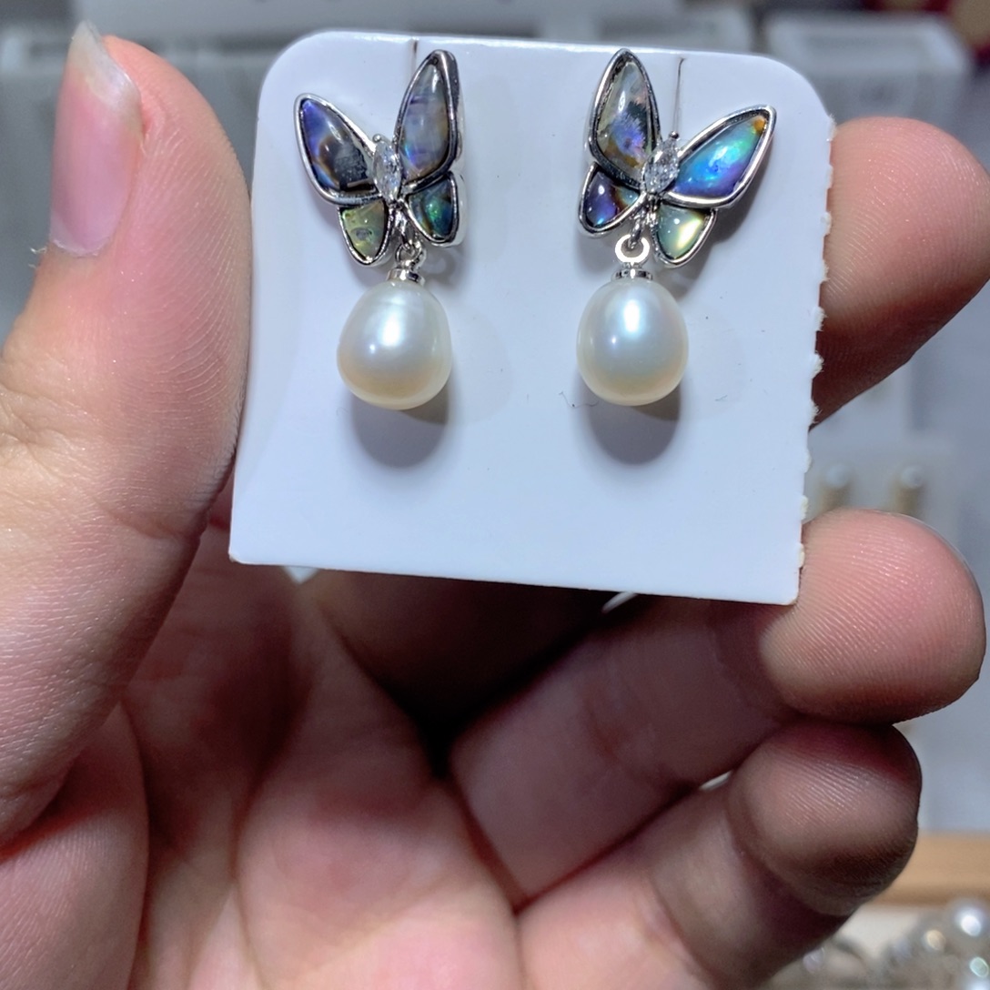 耳饰银S925镶嵌淡水珍珠