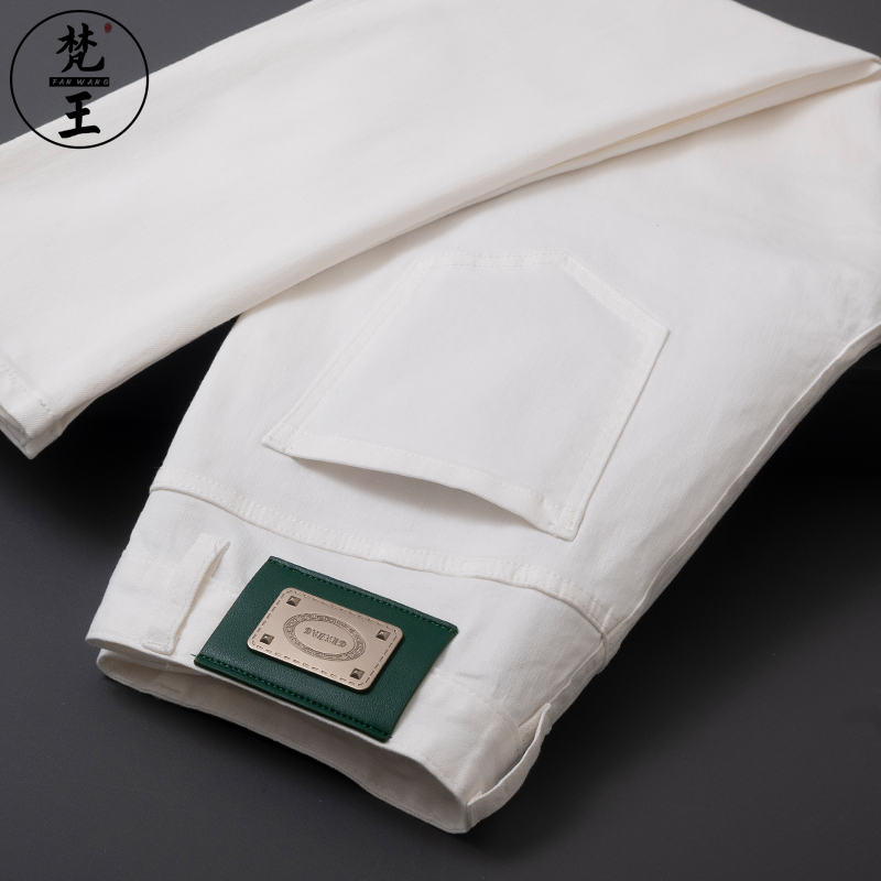 FANWANG/梵王春夏高端品质白色牛仔裤男修身小直筒欧版九分长裤子