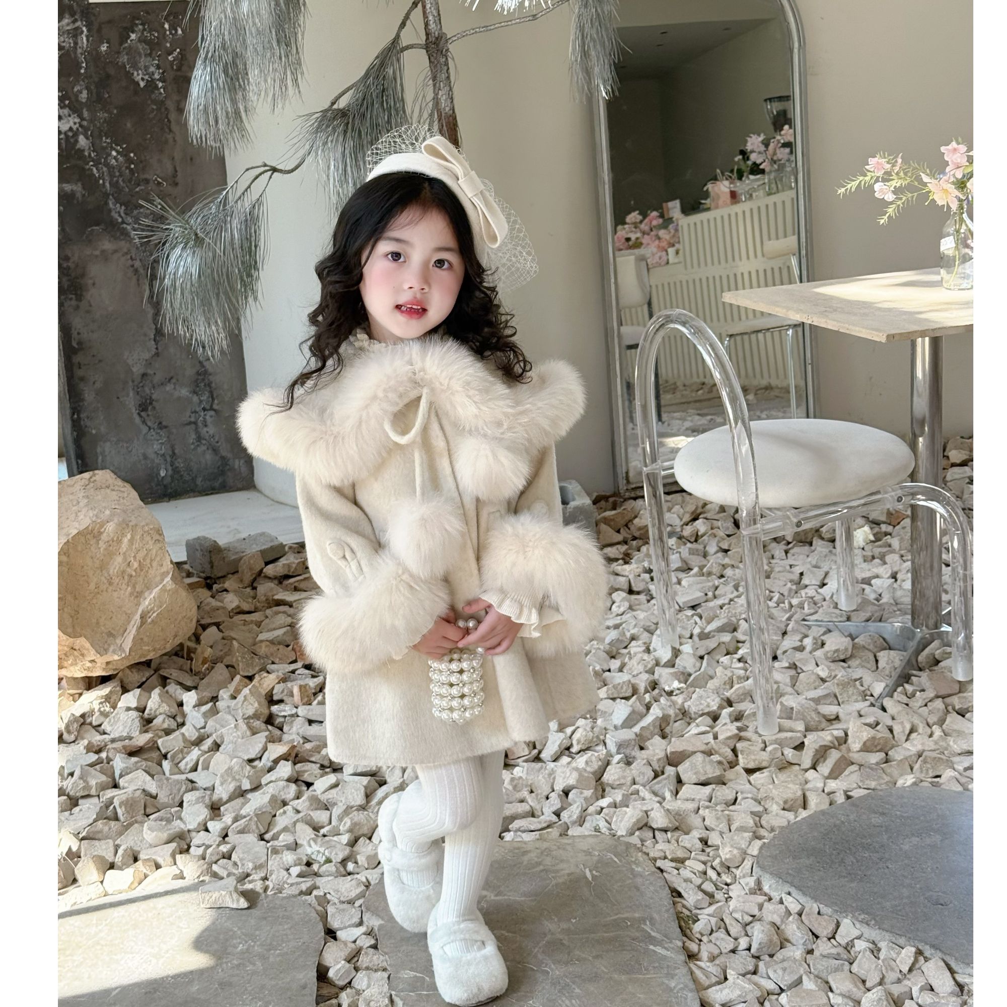  现货 狐狸毛）壹妈童装女童大衣冬季米白色时尚儿童加厚斗篷外套
