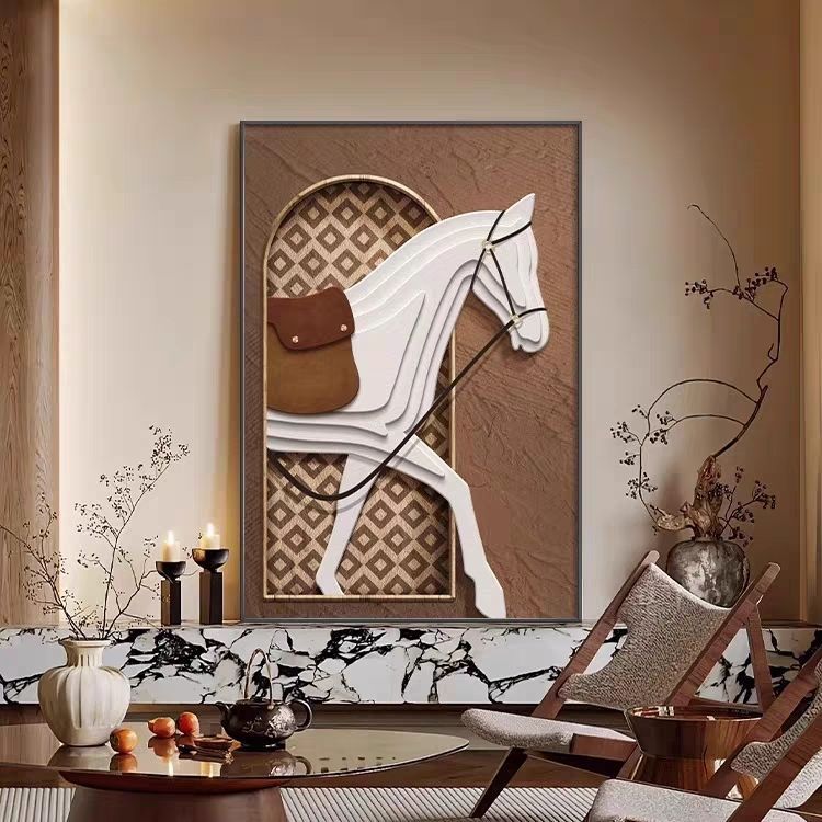 现代轻奢马客厅装饰画沙发背景墙简约餐厅壁画玄关高级感大幅挂画