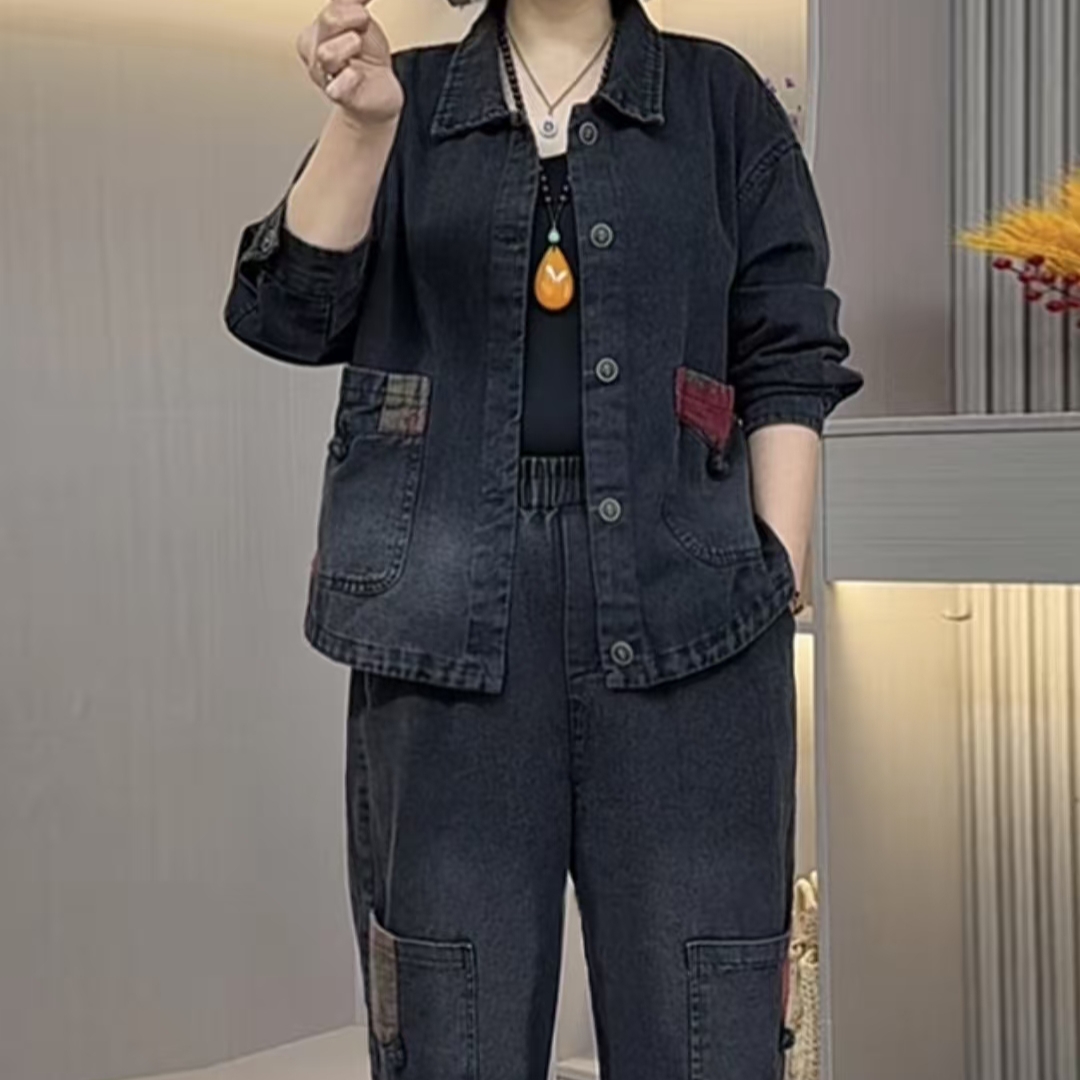 开春新款水洗软牛仔妈妈装宽松显瘦遮肉文艺风格010