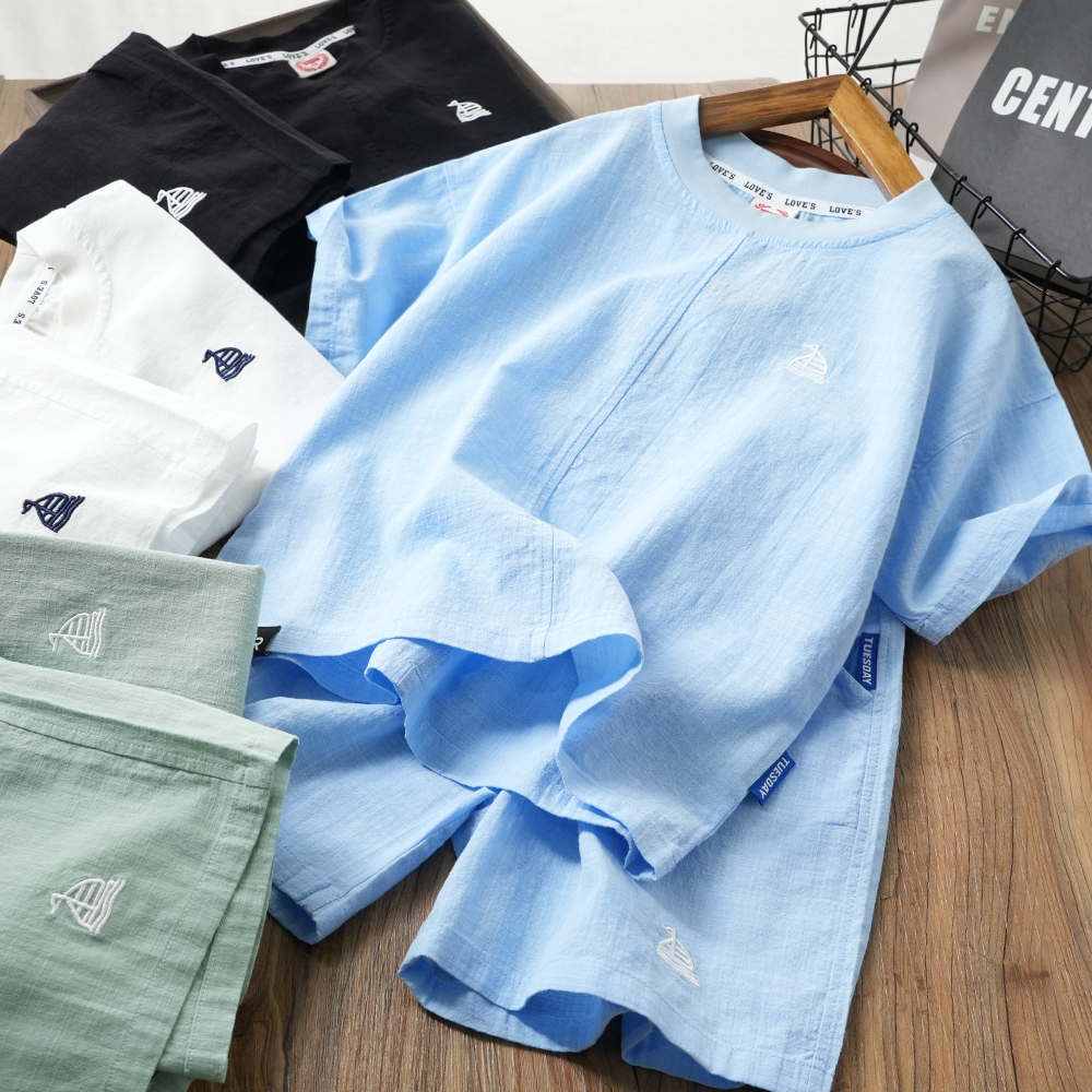 休闲短袖套装儿童夏季两件套帆船刺绣中大童百搭男童日常S1029