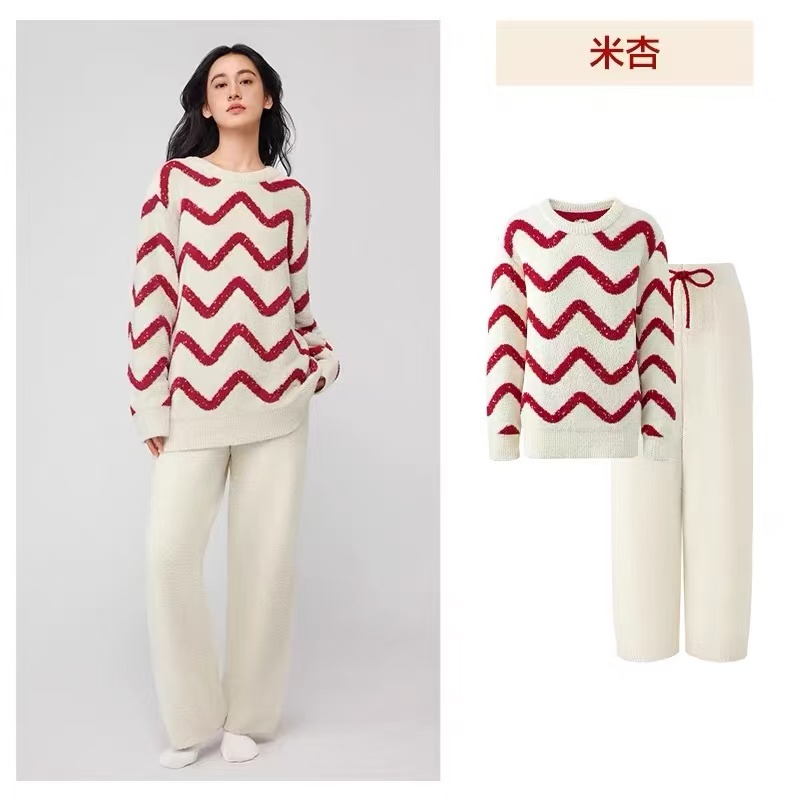 新款秋冬季半边绒条纹圆领简约宽松睡衣红色休闲家居服套装