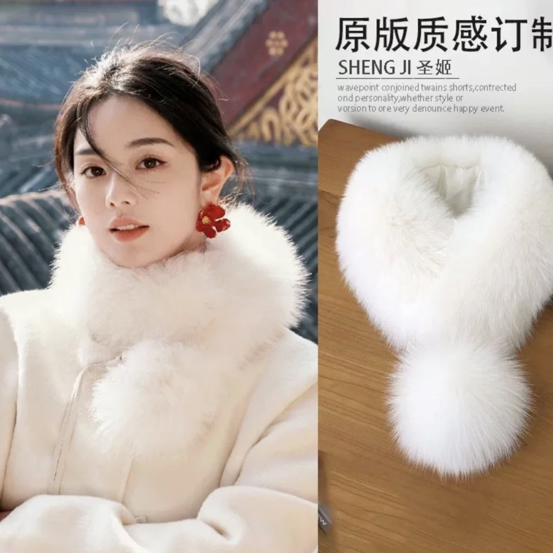 新中式毛绒绒白色围巾保暖百搭女冬季毛领气质旅游拍照围脖国风