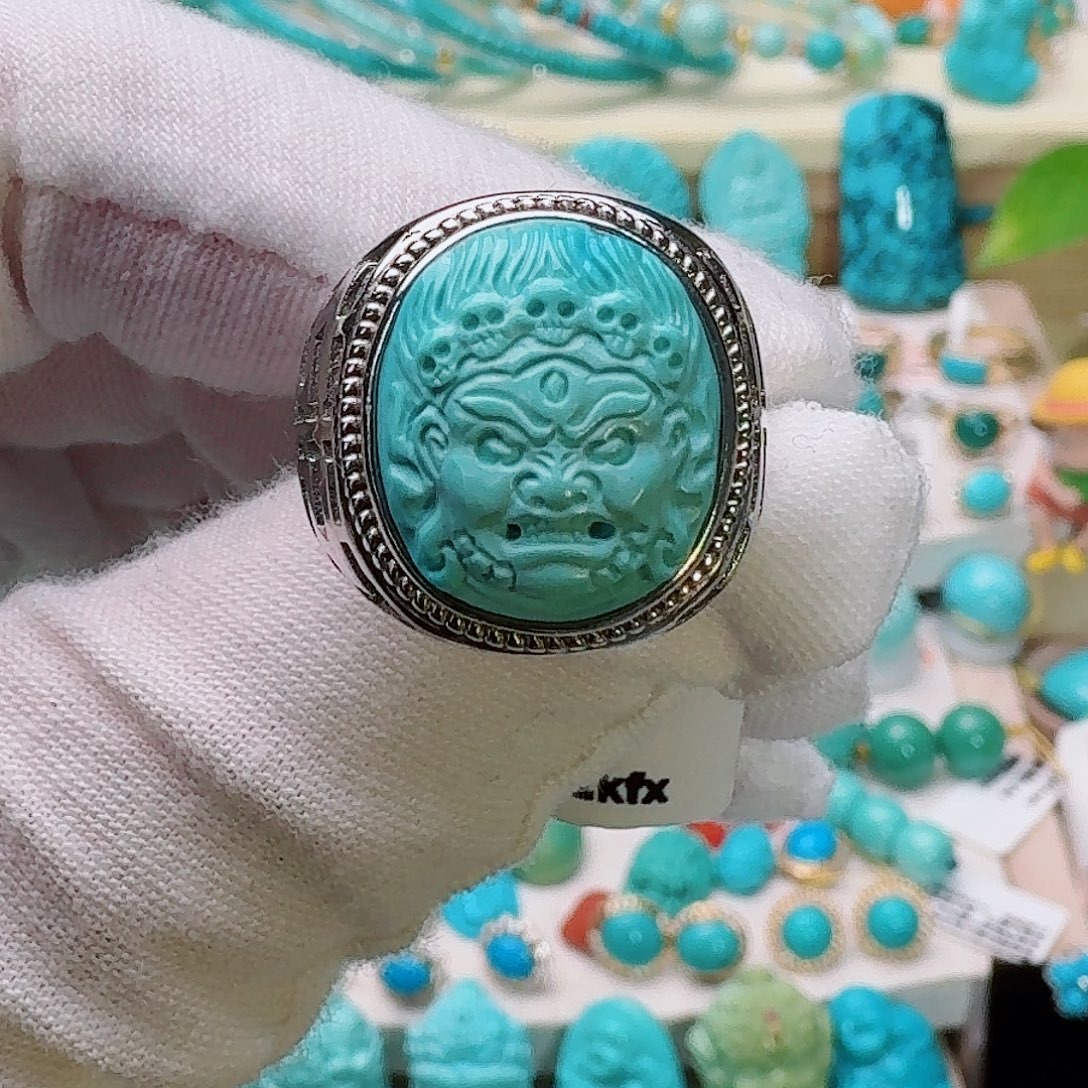 绿松石银S925镶嵌珠宝奇石精工大黑天戒指