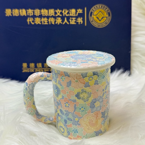 景德镇立体浮雕万花紫色系带盖马克杯精致全手绘闺蜜高颜值情侣杯