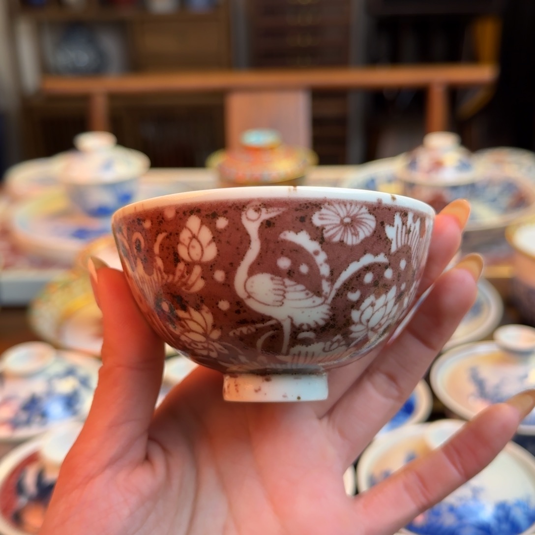 杯重工撒红釉里红一鹭连升鸡心杯