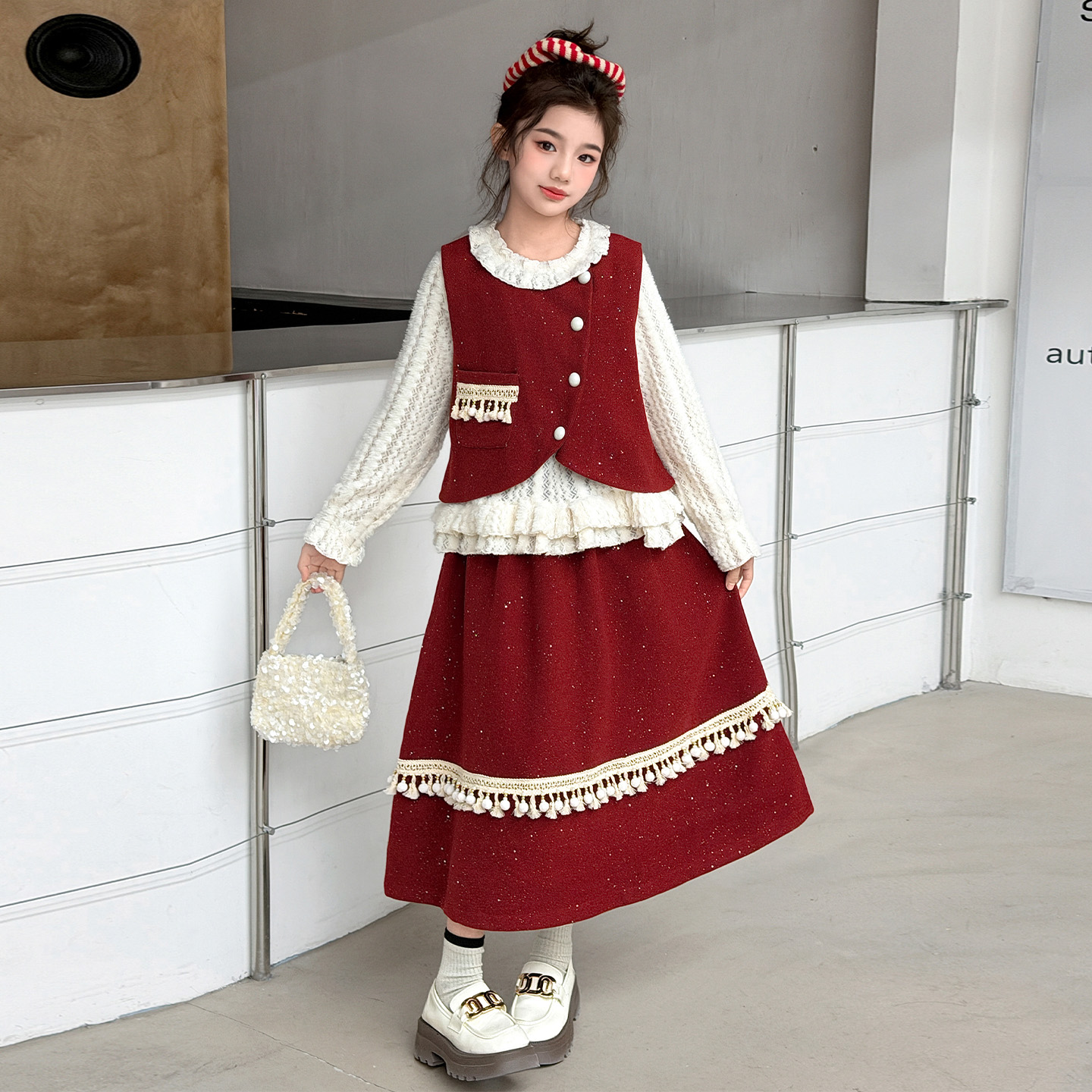 女童冬季拜年服裙子套装2025新款女孩打底衫马甲半身裙三件套冬装