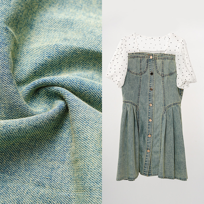 【泽专属】2025新款复古甜美方领泡泡袖波点拼接修身显瘦牛仔连衣裙