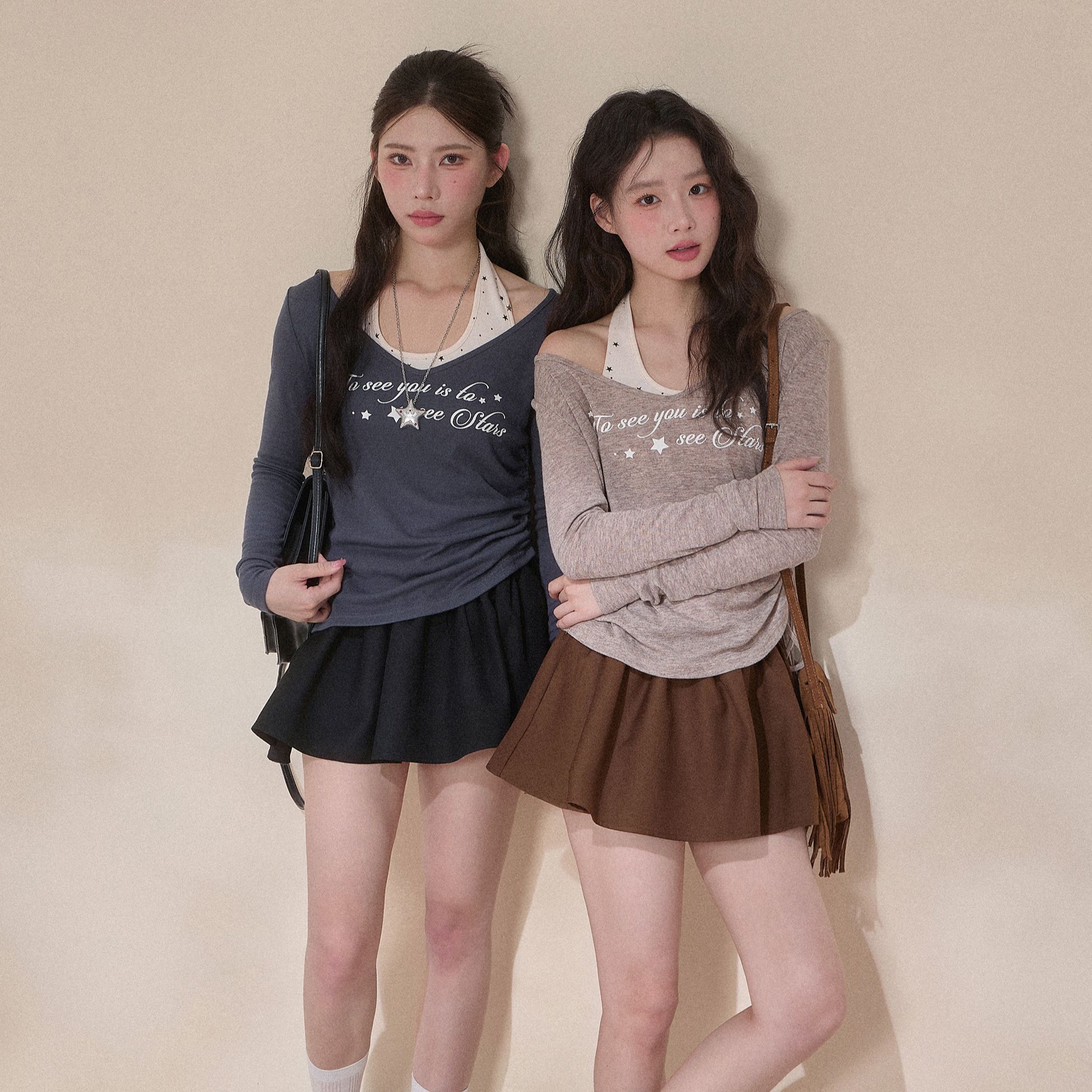 【NCXK】星星字母印花挂脖背心叠穿罩衫两件套抽绳长袖T恤CX25127