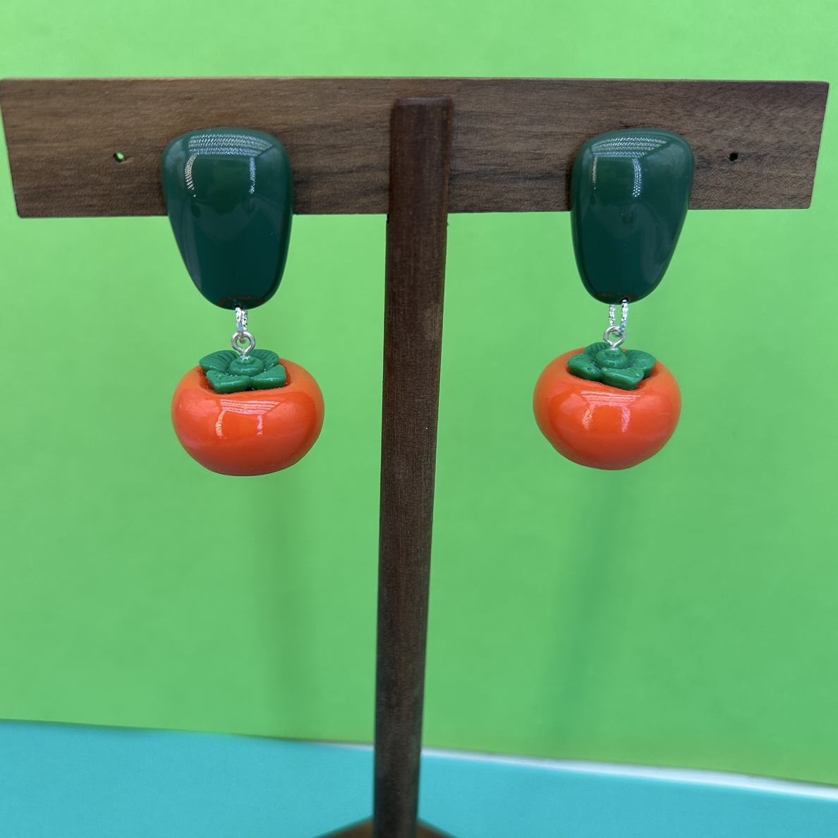 非金属树脂耳饰 绿色头橙色拼色耳环女复古时尚百搭