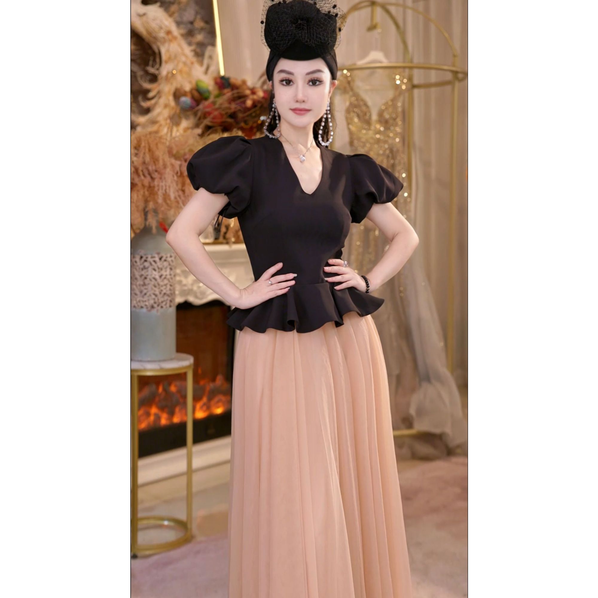 【星姐推荐】星原创高级定制【昼夜】设计师轻奢名媛黑粉网纱连衣裙