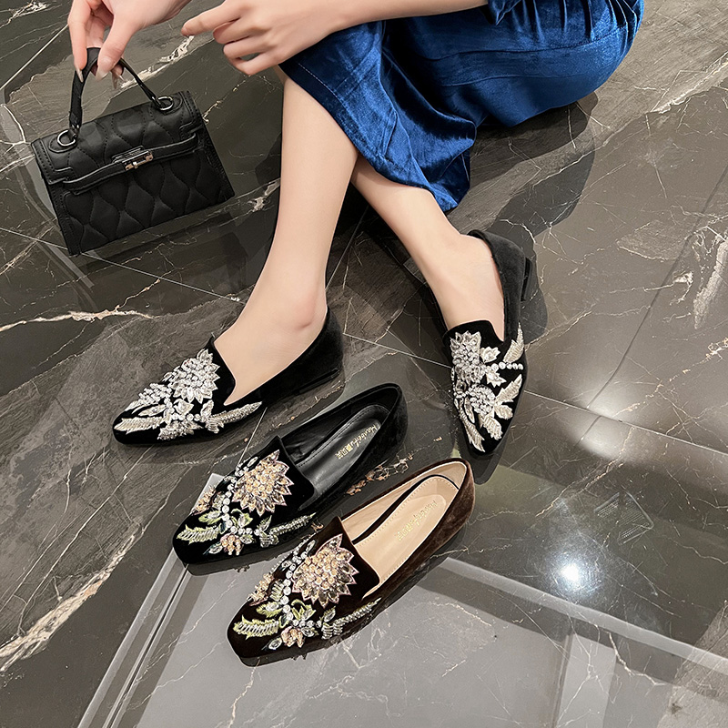 新中式2025新款彩色水钻花饰单鞋女方头低跟穆勒鞋女