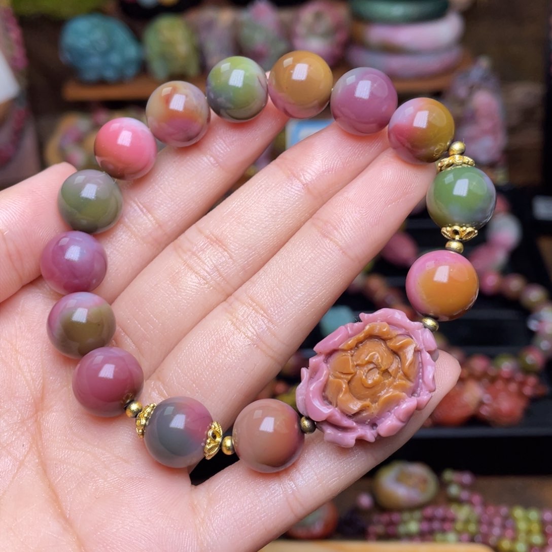 玛瑙/玉髓珠宝半成品合金盐源玛瑙炫彩艳丽色手串