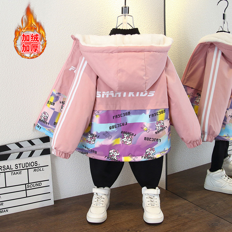 女童秋冬装新款韩版时尚洋气幻彩兔子印花加绒加厚连帽棉衣外套潮