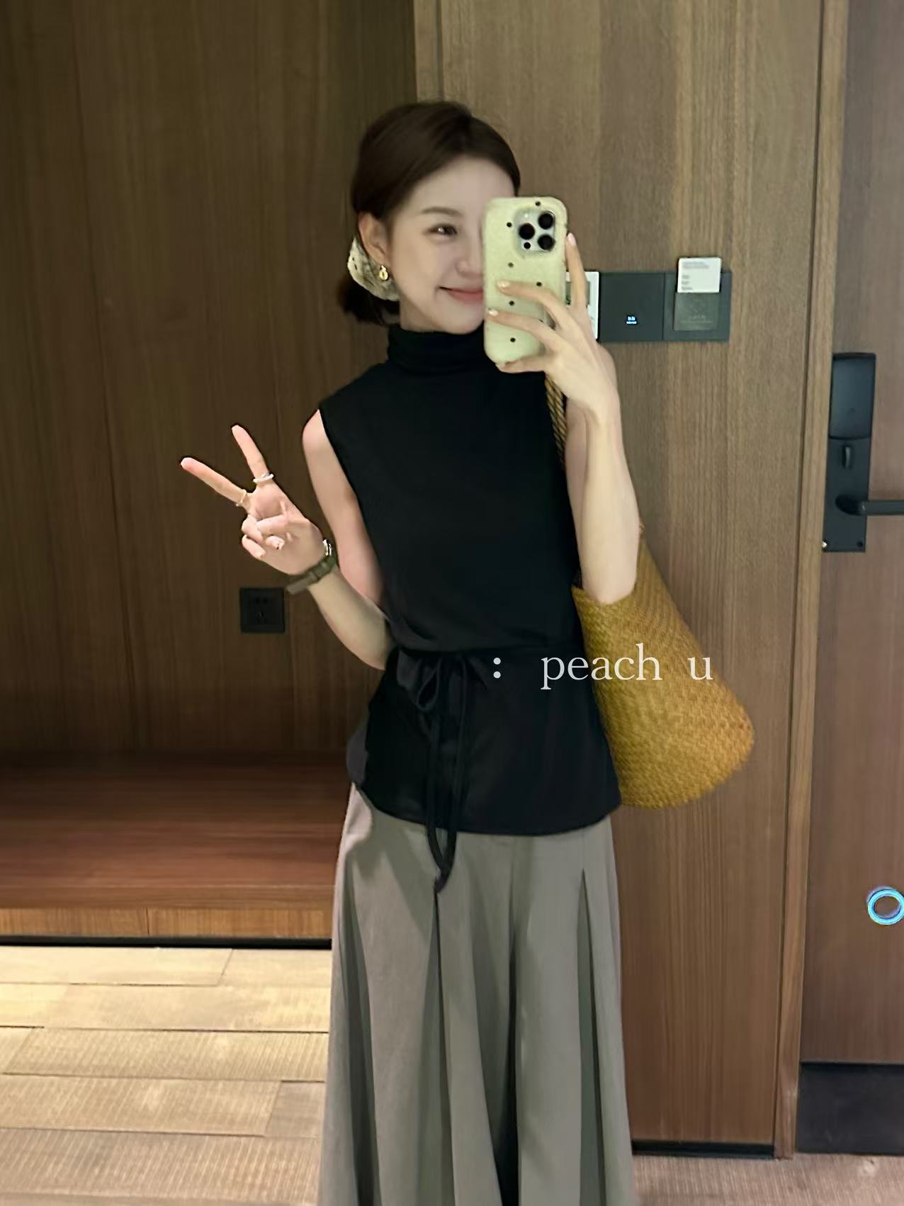 Peach自制 气质姐姐！小翻领可抽绑带收腰背心 10117