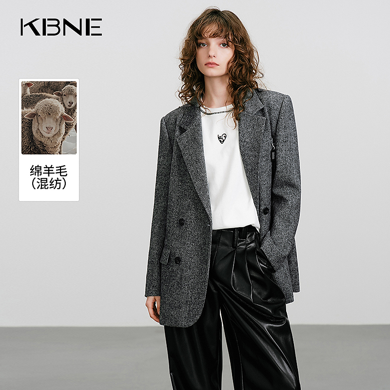 KBNE毛呢西装外套新款2025爆款秋冬高级感复古廓形通勤羊毛西装女