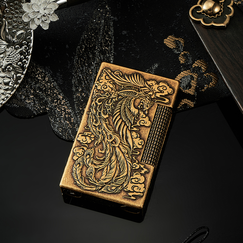 TSHOMX【龙凤呈祥】高档古银复古钢声朗声纯铜创意打火机侧滑个性