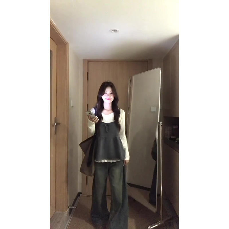 秋季甜美减龄蝴蝶结吊带背心内搭打底ins叠穿针织吊带+裤子三件套