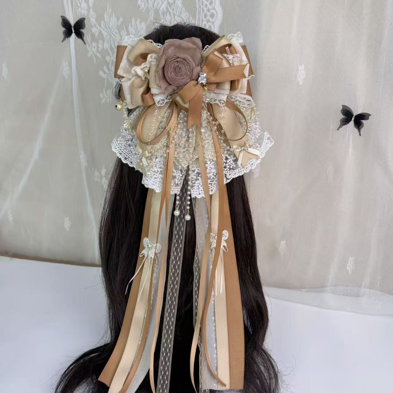《摩卡慕斯》日常百搭咖色美拉德玫瑰花头饰长飘带蝴蝶结发夹