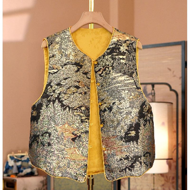 [楼台]-中式宋锦双面穿国风原创设计圆领高定女士精品女士马甲