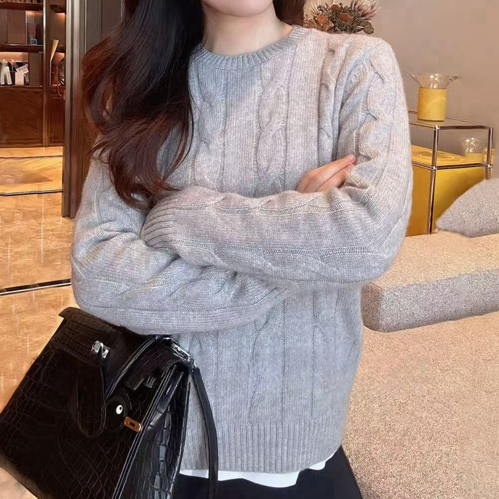 秋冬圆领绞花女羊绒套衫宽松保暖6408