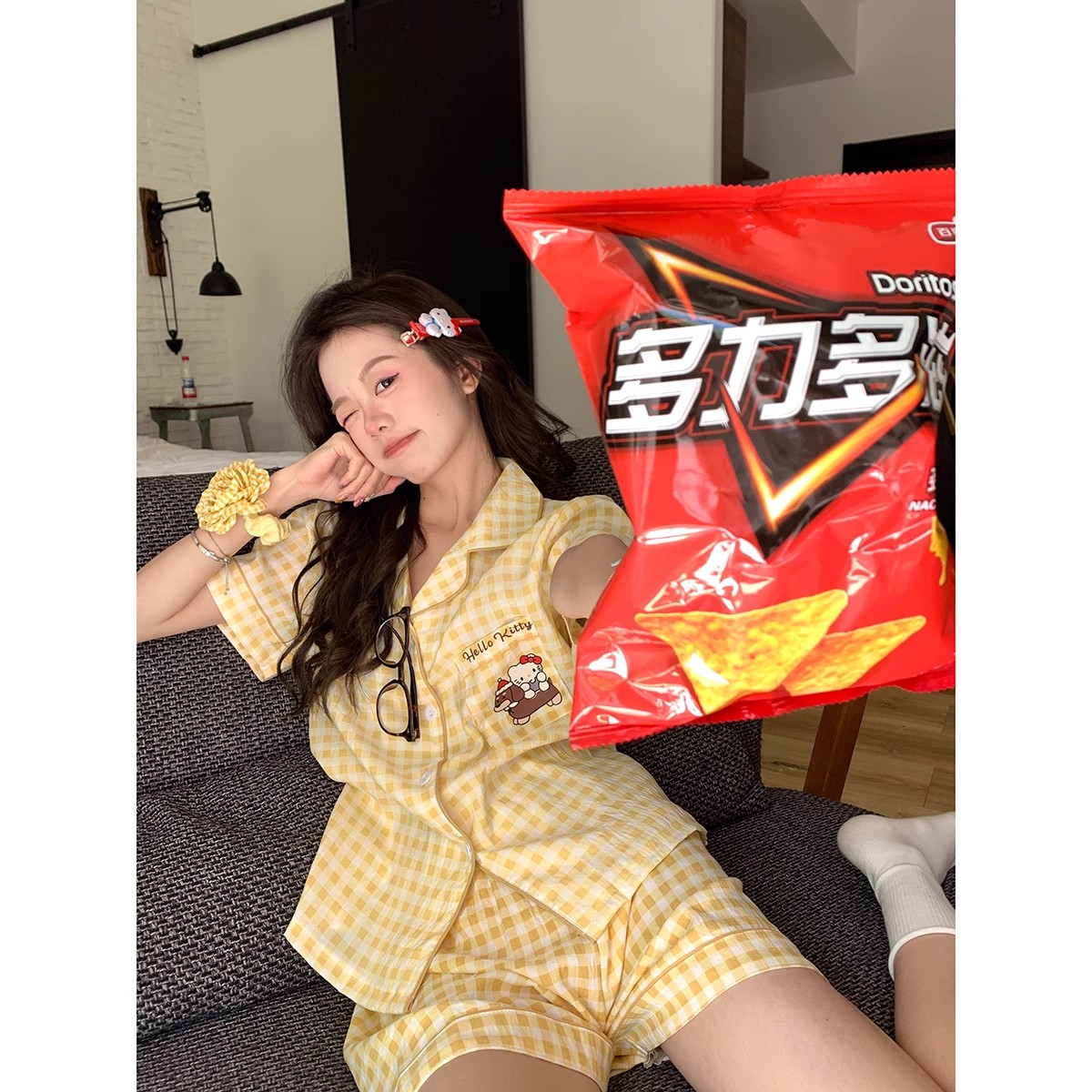 黄格子kitty睡衣女透气薄款可外穿开衫家居服两件套